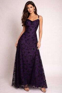 Betsy & Adam Purple Beaded Spaghetti-Strap Maxi Dress prom special occasion